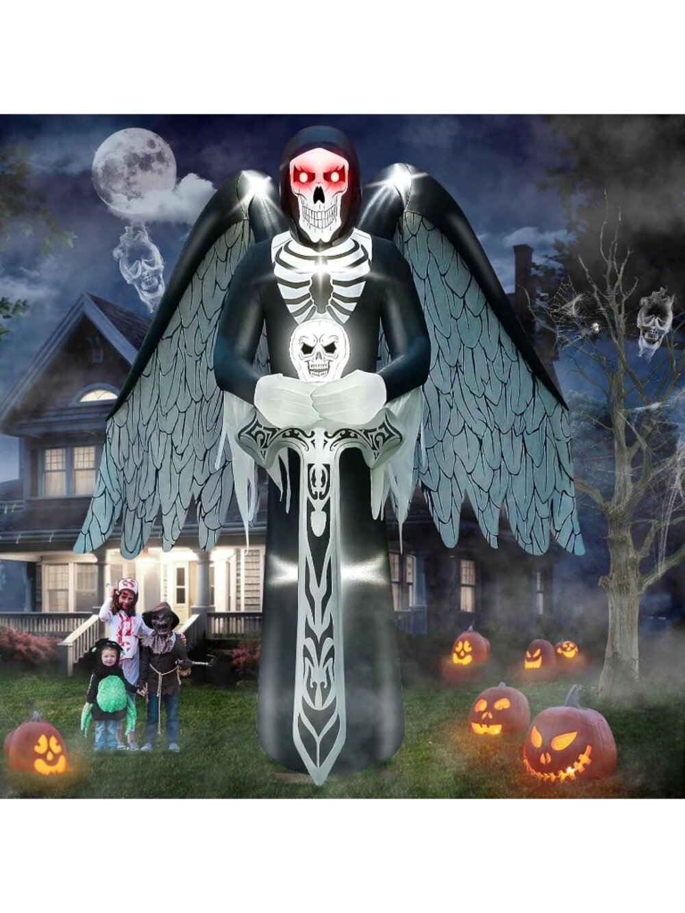 🎃12FT Halloween Inflatables Giant Winged Grim Reaper  Blow Up Yard Decoration